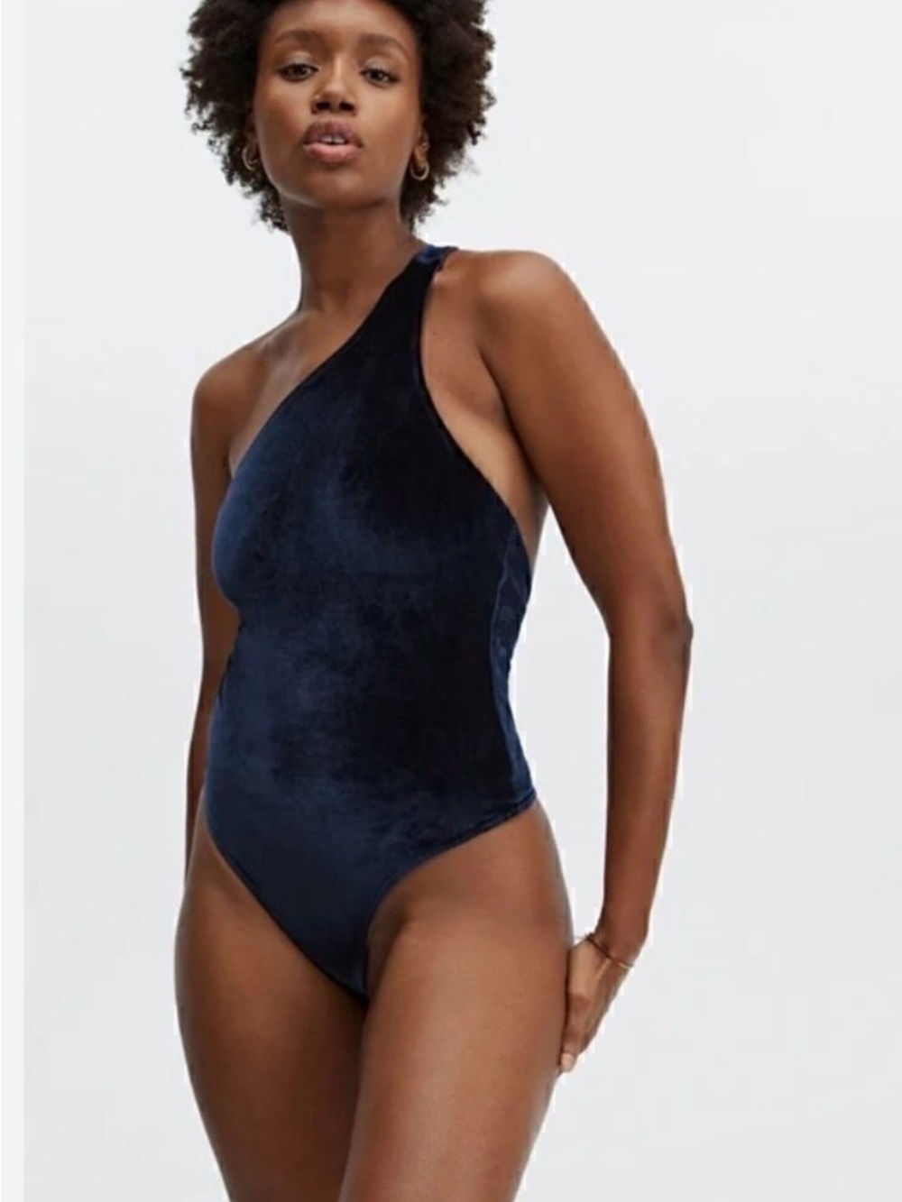 Fabletics One-Shoulder Velvet Bodysuit Navy NWT Sz S
